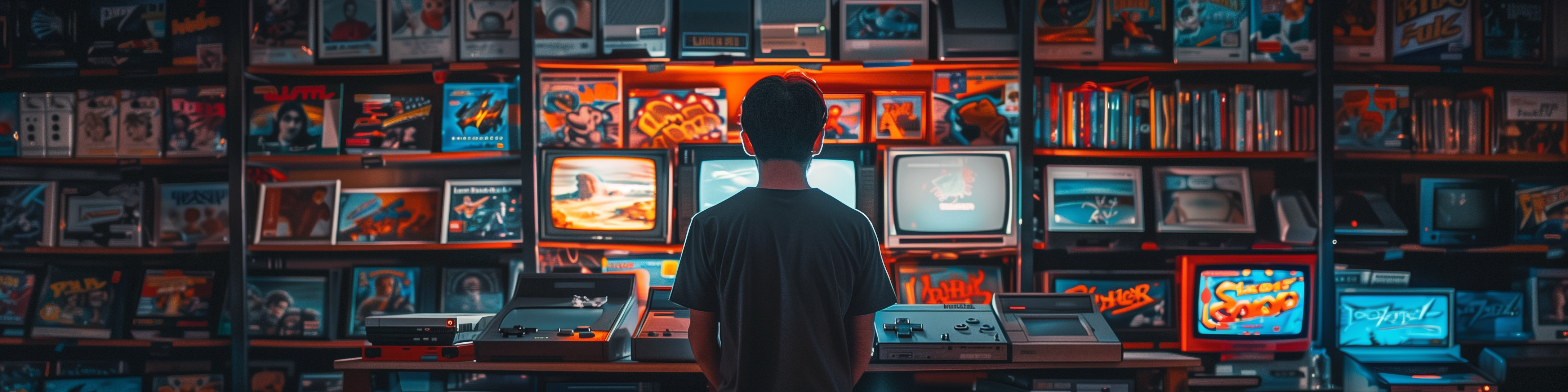 Man admiring his collection of games